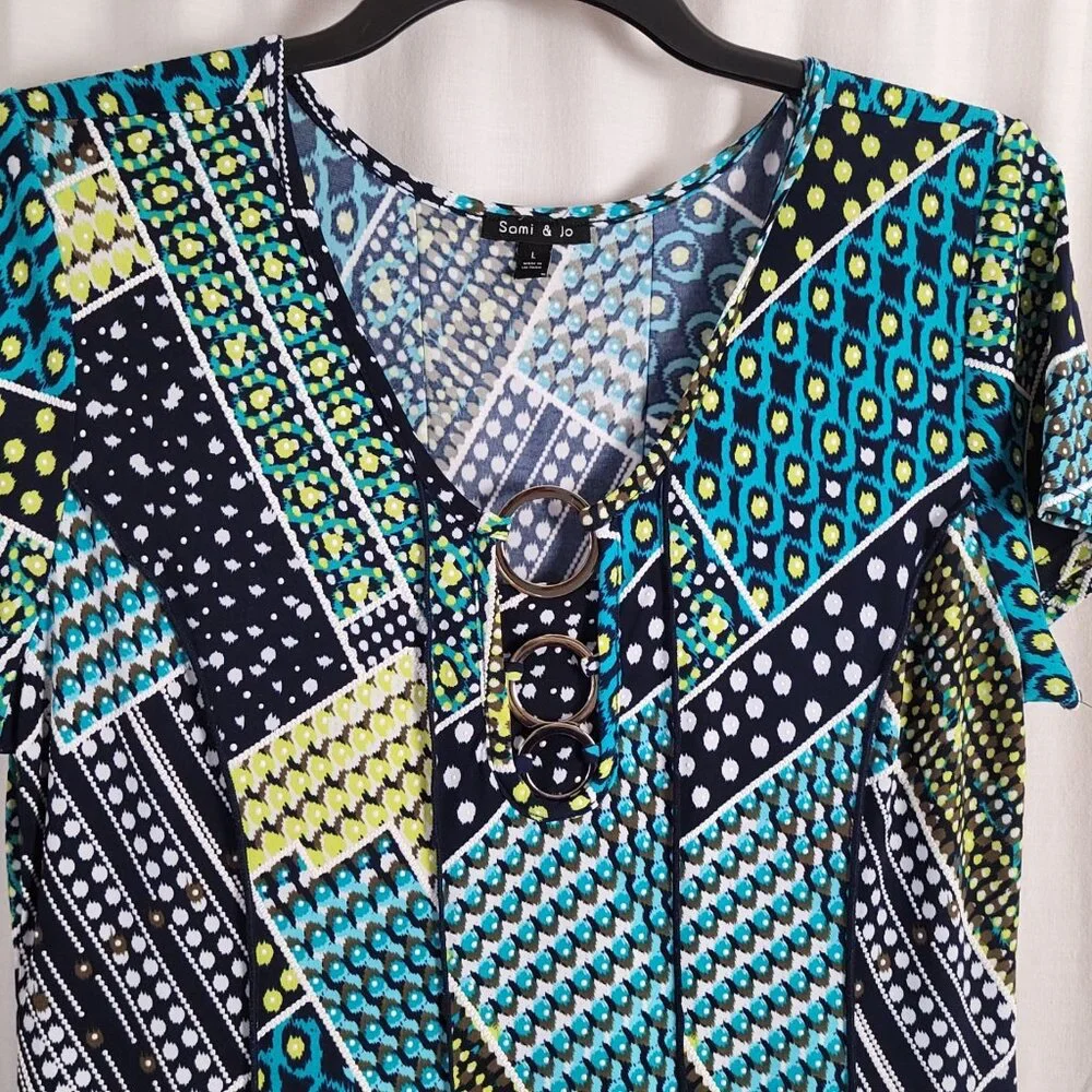 Sami & Jo Dress Geometric Abstract Midi Sz L Fairy Grunge Swiss Dot artsy BOHO